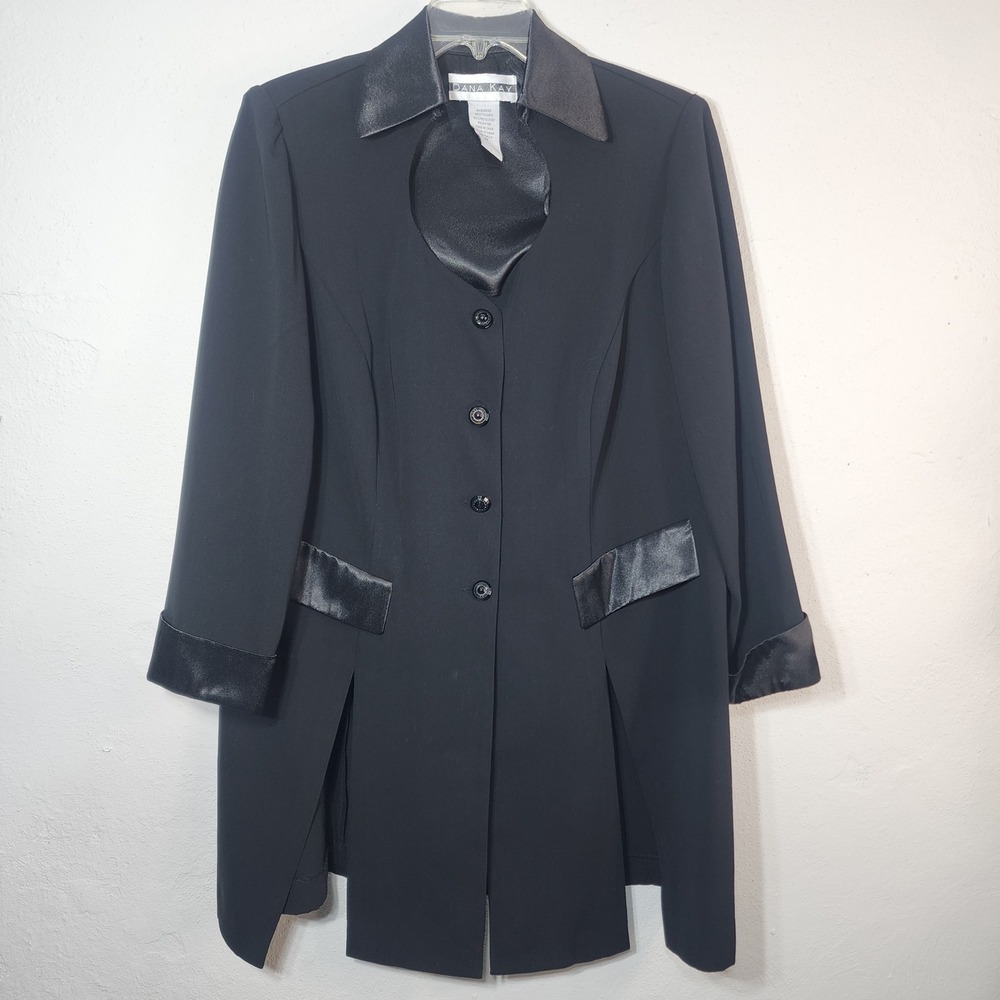 Dana Kay Blazer Jacket 14 Black Vintage Goth Cutout Satin Trim Longline - Picture 9 of 14